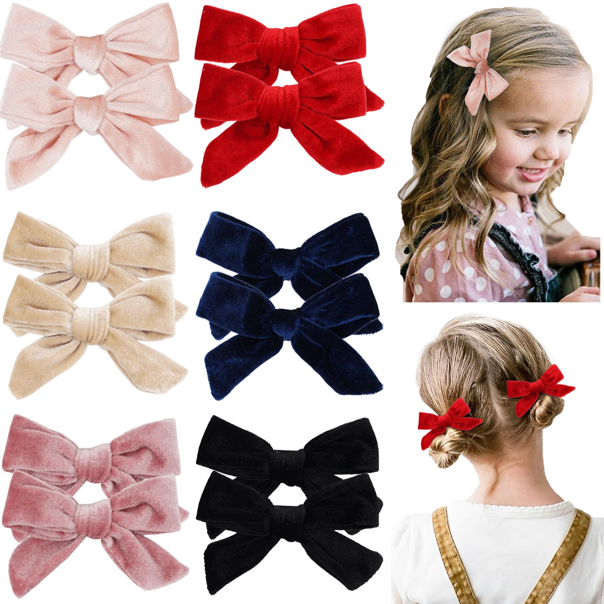 JOYOYO 12 Pcs Velvet Hair Bows for Baby Girls Medium Size 4 Inch Velvet Bows Ribbon Covered Safe Clips, Fall/Winter Girls Hair Accessories In Pairs
