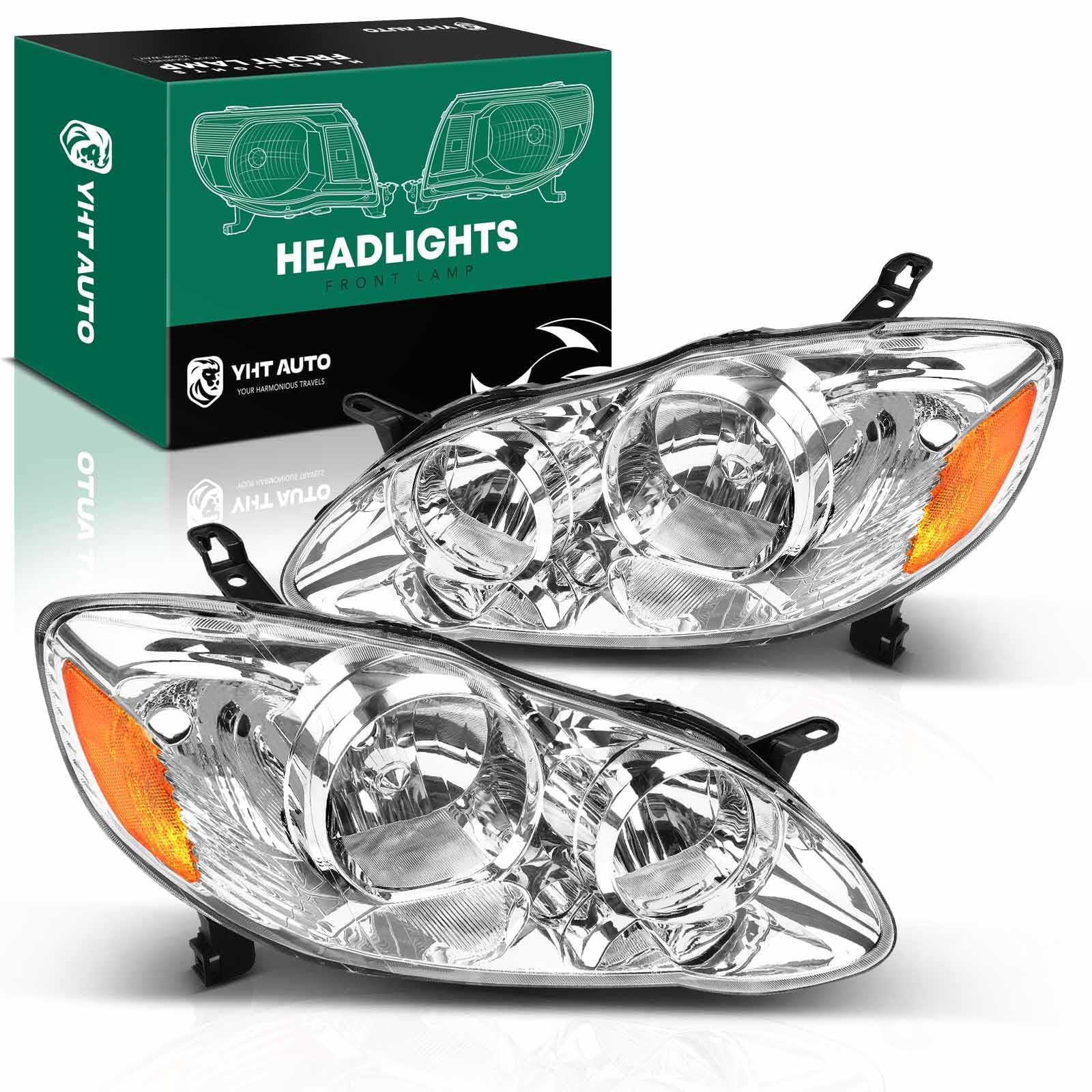 Photo 1 of YHTAUTO Pair Headlights Assembly Compatible with 2003 2004 2005 2006 2007 2008 Toyota Corolla Headlights, No Bulbs Included, Direct Fit DOT Certified Head Lights Lamps, Clear Lens Chrome Housing