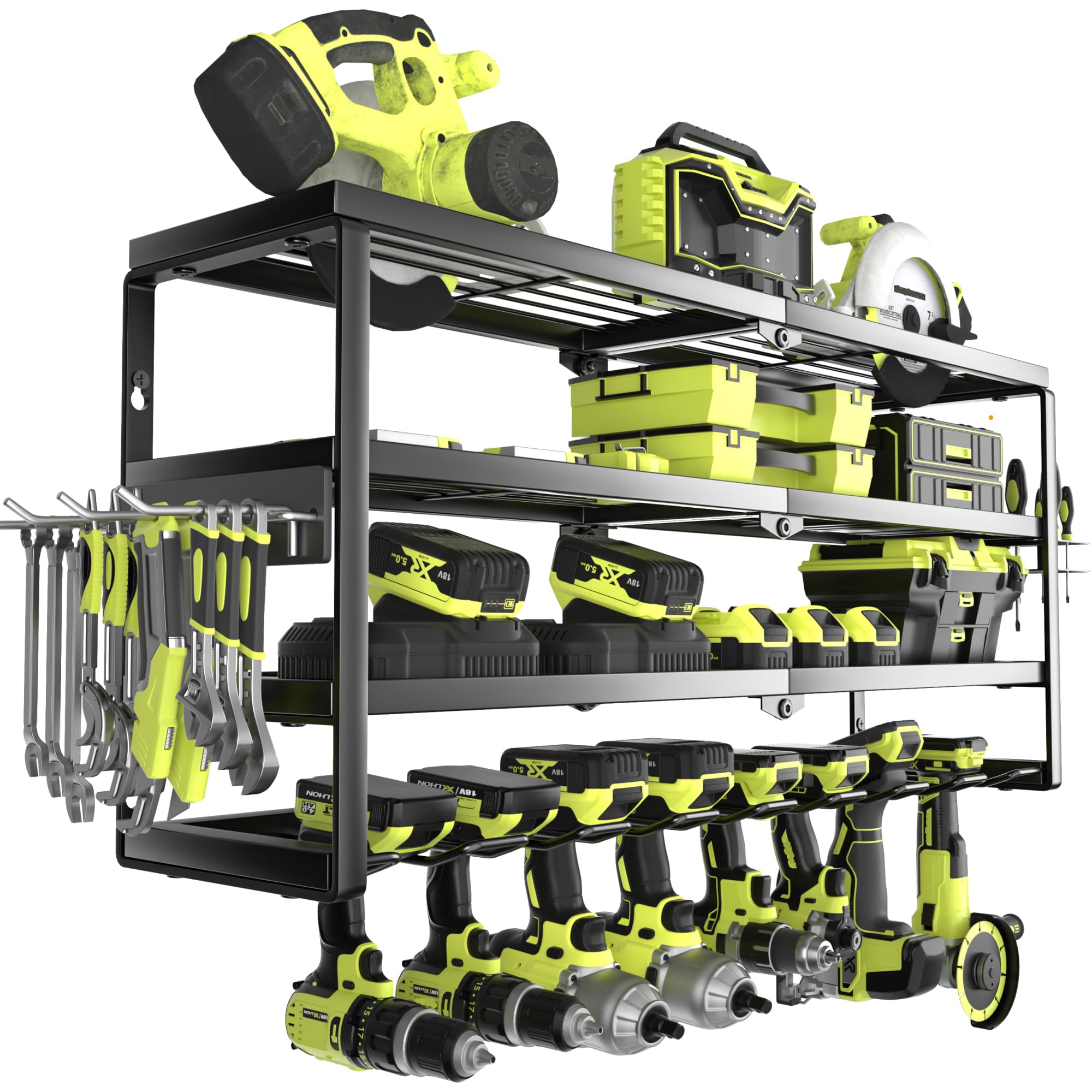 MOOMSINE 4 Layer Power Tool Organizer Wall Mount, Battery Tools Holder with Charging Station Shelf, Cordless Drill Hanger Storage Rack for Garage Organization, Workshop, Pegboard - 32 Inch 8 Slots Image