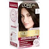 L'Oreal Paris Excellence Cr&egrave;me Permanent Hair Dye, Triple Care Hair Color with Hyaluronic Acid for 100% Gray Coverage, 4 Dark Brown, 1 Kit (Packaging May Vary)