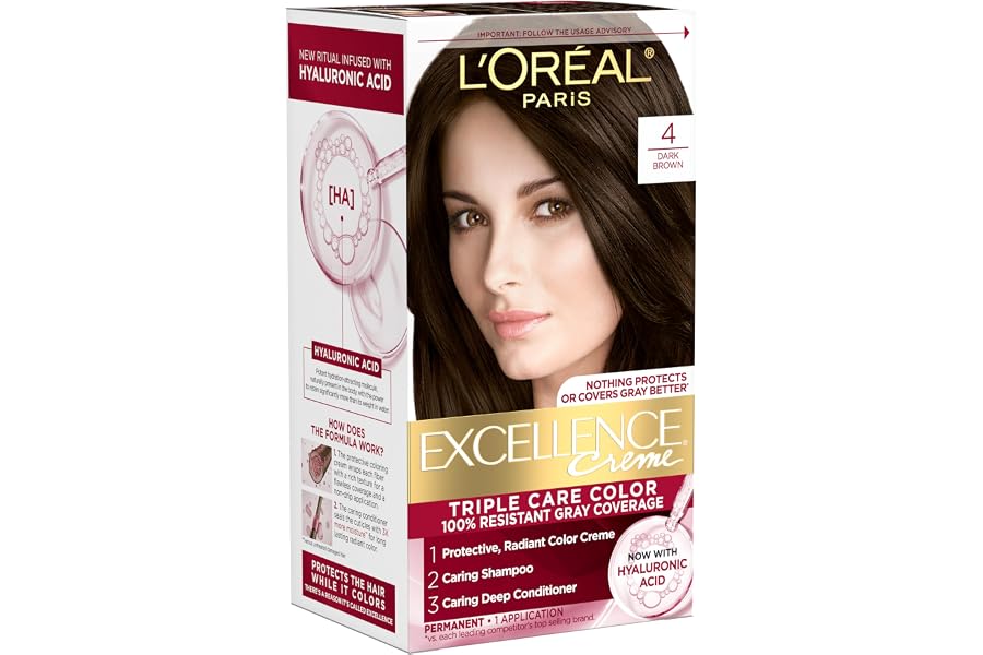 L'Oreal Paris Excellence Crème Permanent Hair Dye, Triple Care Hair Color with Hyaluronic Acid for 100% Gray Coverage, 4 Dark Brown, 1 Kit (Packaging May Vary) product image