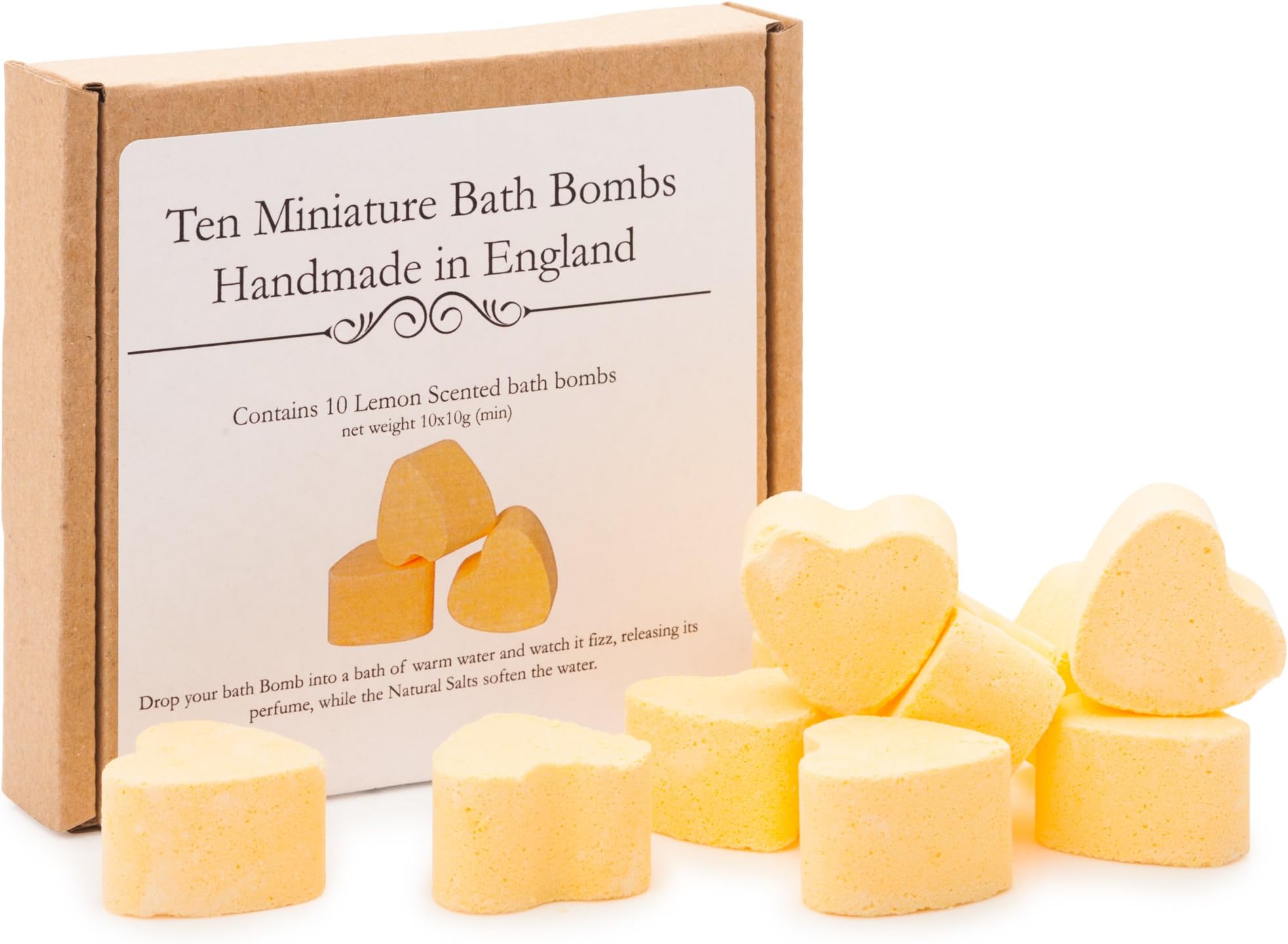 Bath Bomb Gift Set - Bath Fizzers, 10 mini heart shaped handmade Lemon Scented bath bombs in a gift box.