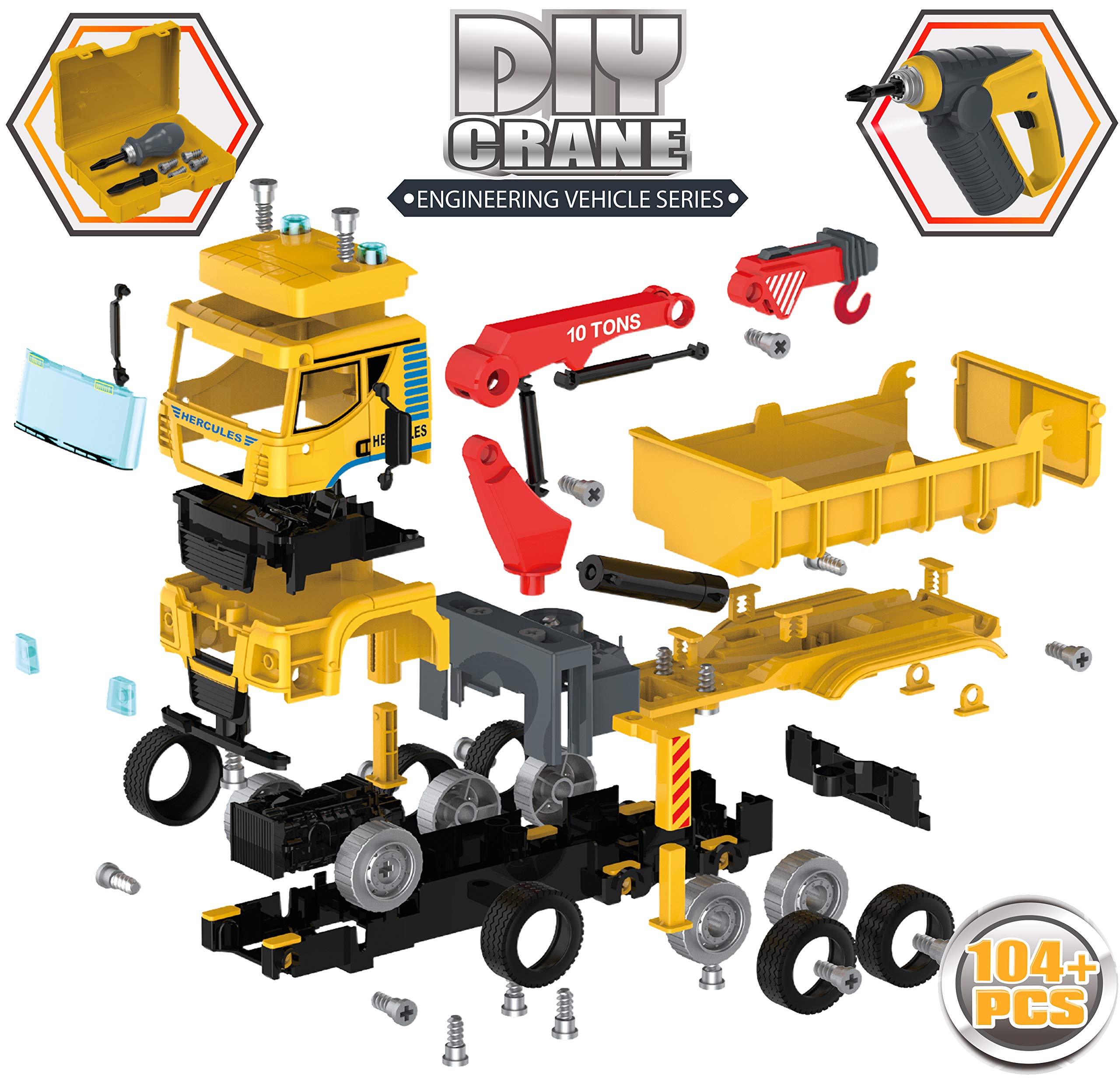 Take Apart Construction Crane Truck Toy for Kids - 104 Pcs STEM Toys w/Drill, Push & Go Lights & Sounds for Kids - DIY Construction Building Vehicle Playset for Boys Ages 4 5 6 7 8 Years Old