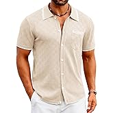 COOFANDY Men's Casual Button Down Shirts Short Sleeve Knit Polo Shirts Summer Beach Tops Light Khaki