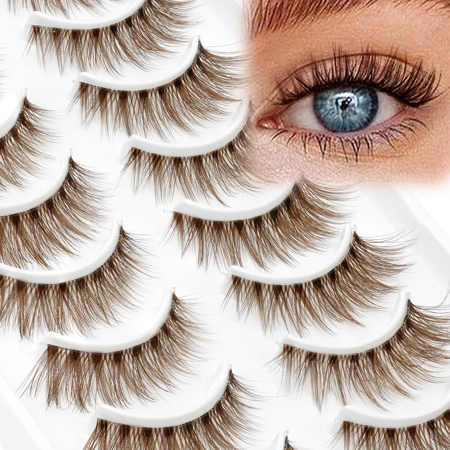 Hybrid Strip Lashes 10 Pairs Brown Natural False Eyelashes Dark Brown Wispy Lashes Natural Look Hand-Tied Cat Eye Lashes Transparent Clear Band Strip Eyelashes Coloured by EMEDA (Mix-M) — image 1