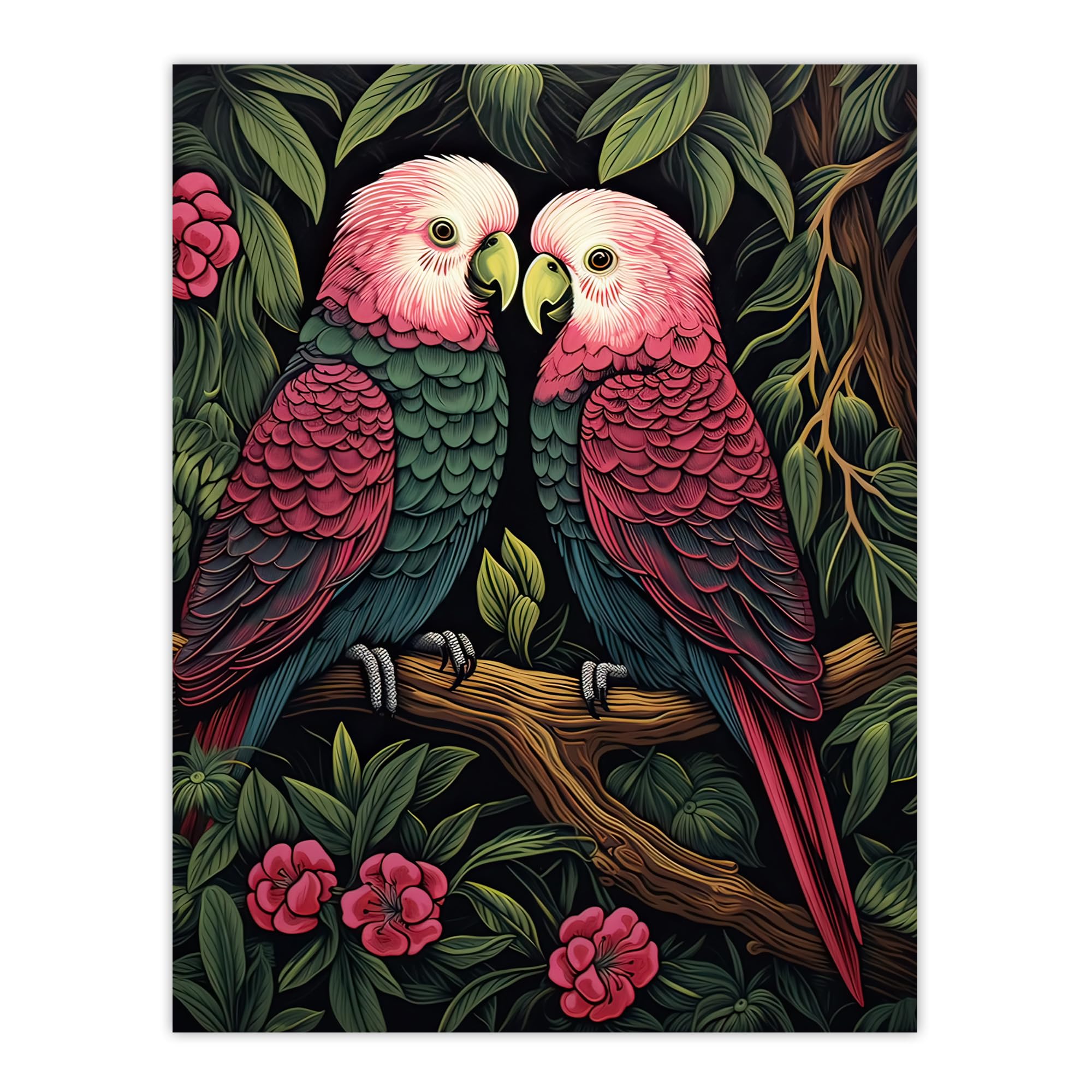 Artery8 Pair of Parrots on a Blooming Tree Vintage Painting Burgundy Pink Green Lush Jungle Birds Portrait Large Wall Art Poster Print Thick Paper 18X24 Inch
