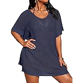 SECRETEYARD Women's Plus Size Suimsuit Cover Up Short Sleeve Hollow Out Swimwear Bathing Suit