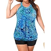 Women Plus Size Tankini Swimsuits with Shorts Tummy Control Two Piece Blouson Bathing Suits High Neck Swimwear