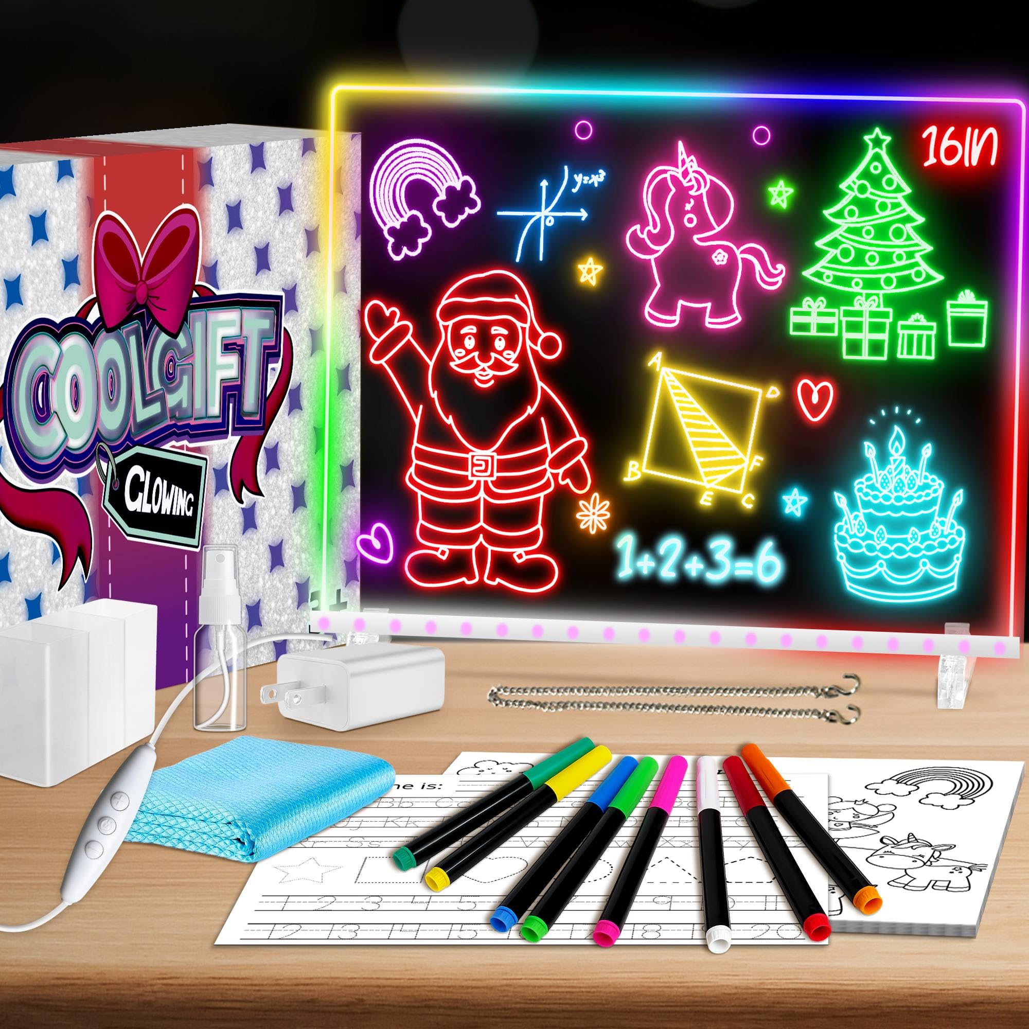 Photo 1 of 16" Led Drawing Board for Kids with 18 Tracing Pages - 4 Modes & Acrylic Led Note Board with 7 Colors, Light up Magic Boards for Art Kit, Birthday & Christmas Gifts for Teenage Girls & Boys, 39PCS