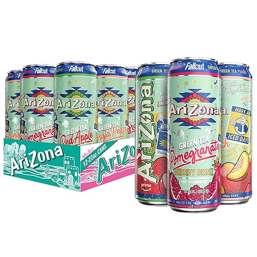 AriZona x Fallout Green Tea Energy Drink, 12pk 22 fl oz, Variety Pack - 3 Flavors, Red Apple Green Tea, Georgia Peach Green Tea, Pomegranate Green Tea - 234mg Natural Caffeine per Can