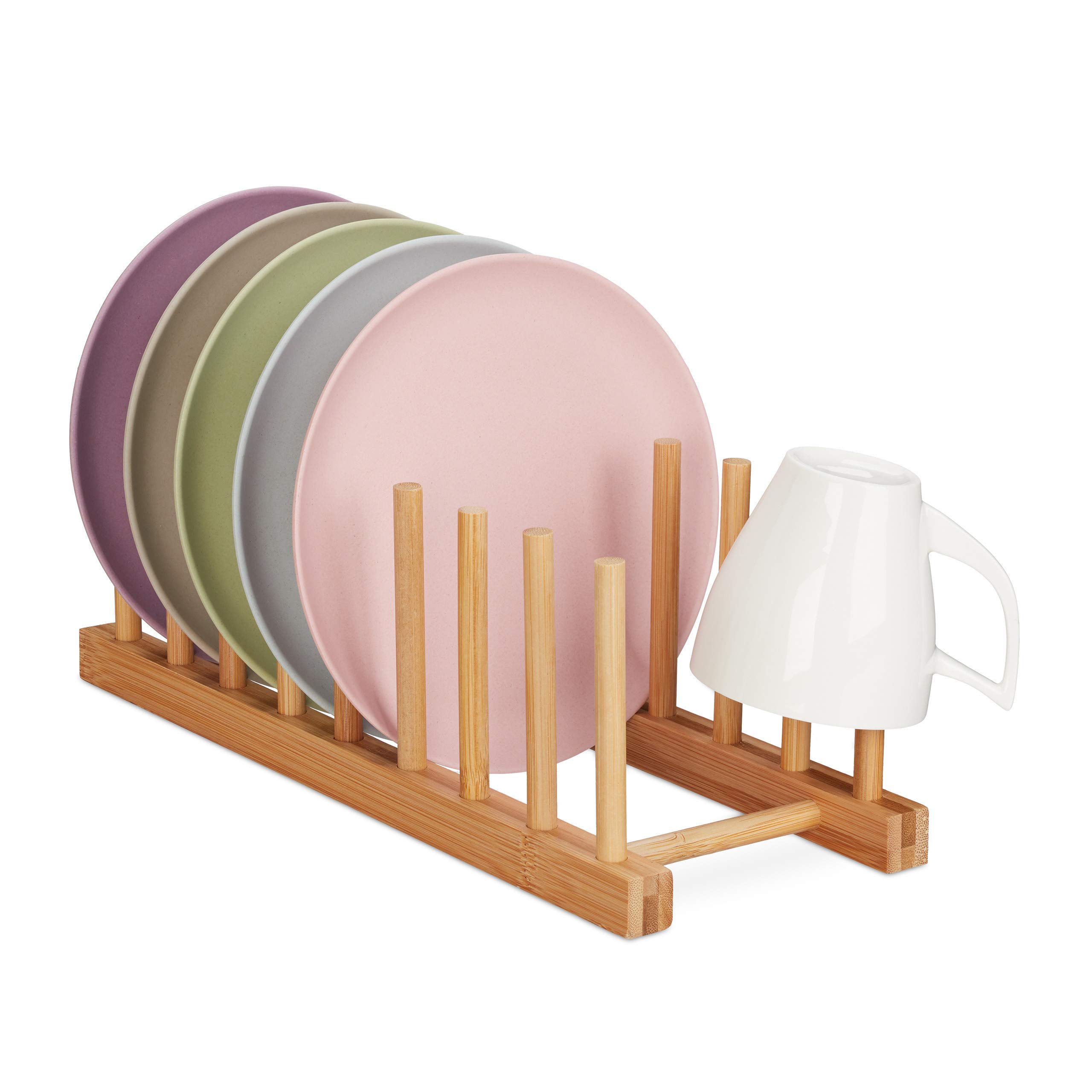 Relaxdays Bamboo Drying Rack, Oblong & Modern, Dish Drainer for Plates, Lids and Cutting Boards, 8 Slots, Natural