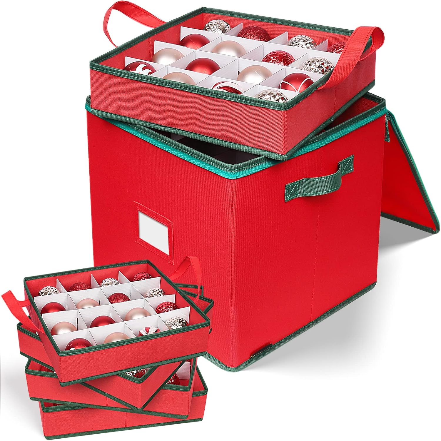 Holiday Décor Storage - Christmas Ornament Storage Box Holiday Decoration Organizer, Christmas Ball Accessories Holder with Adjustable Dividers, Zippered Closure, 4 Removable Trays