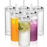KEMORELA 6-Pack 18oz Ribbed Glass Cups with Lids & Straws – Round Textured Drinking Glasses for Iced Coffee, Bubble Tea, Juice & Smoothies – Reusable Clear Tumblers with Leakproof Lids & Straws