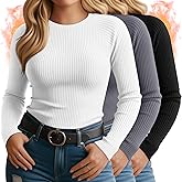 Sweetyweee 3 Pack Plus Size Thermal Shirts for Women Cotton Long Sleeve Ribbed Slim Fit Tops Crewneck Underwear Base Layer