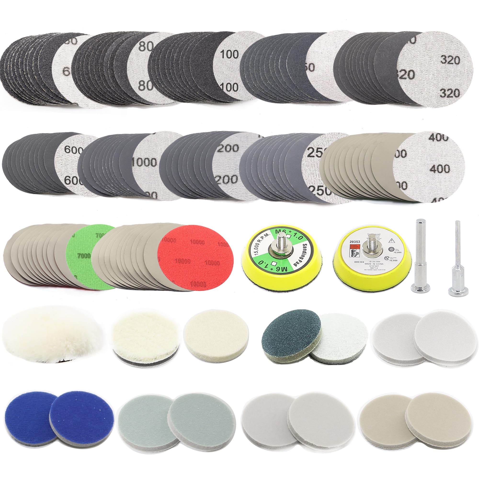139pcs Sandpaper 2 Inch Wet and Dry Sanding Discs 60-10000 Grit Sanding Discs for Drill with 1/4 i& 1/8 Shank, Wool Wheel Sanding Pad for Wood Mirror Jewelry Car Drill