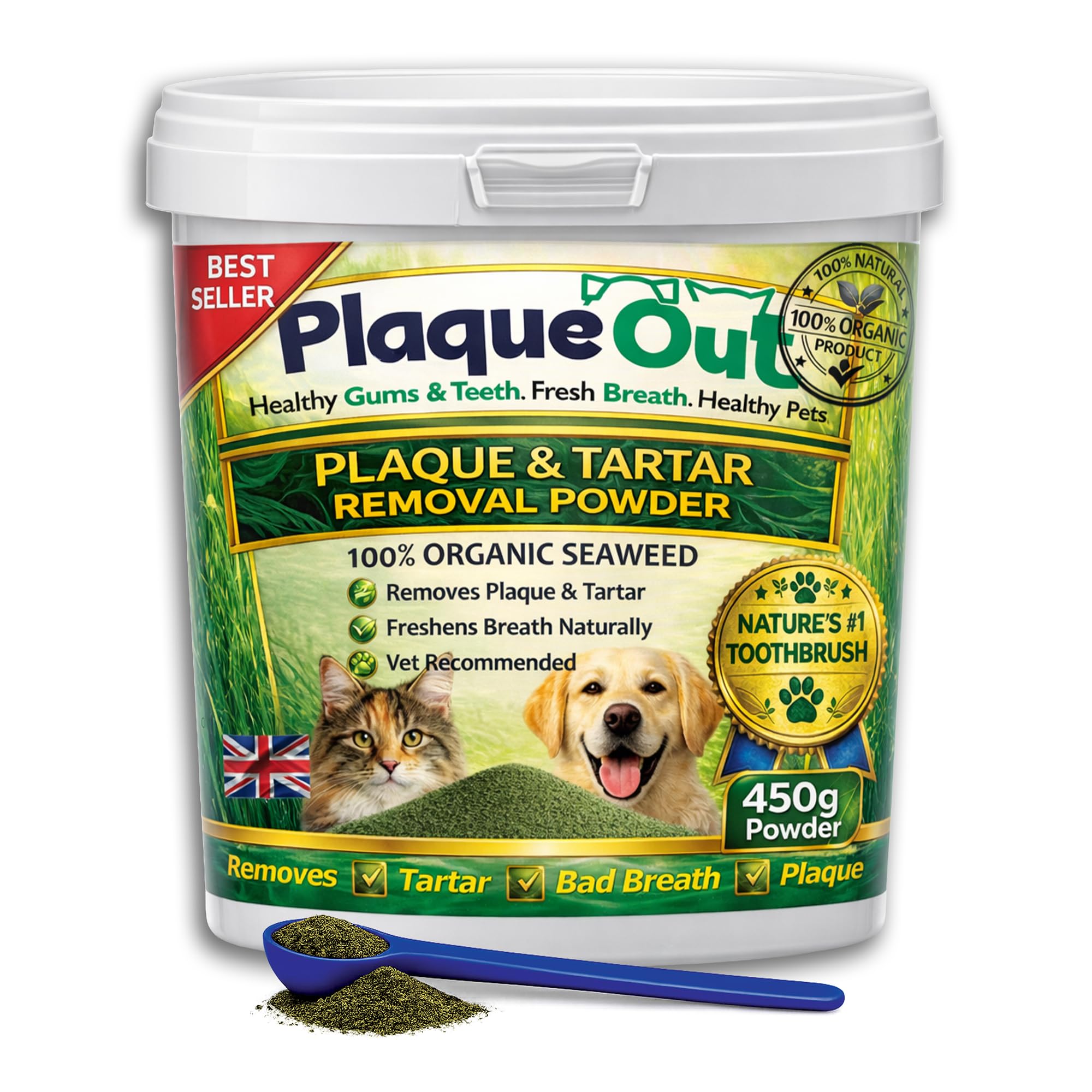 PLAQUE OUT 450g Pot - Plaque Off Remover - 100% Natural and Organic Seaweed Powder for Dogs & Cats - Dog Teeth Cleaning, Plaque Removal, Pet Dental Care, Bad Breath, Gum Care and Tartar Control