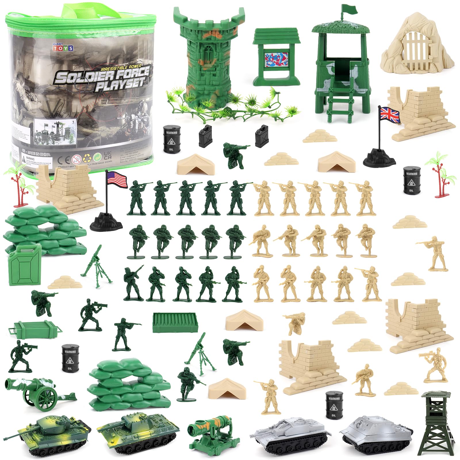 deAO 100 PCS Military Play Set with Toy Soldiers, Toy Story Figures, Tanks, Vehicles, Flags, Carry Case, Army Base and Battlefield Accessories, Army Toys, Birthday Gift for Kids Age 3+