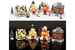 WIOR Christmas Village Sets, Resin Christmas Town Scene Figurines Building Set with LED Lighted Miniature Houses Xmas Village