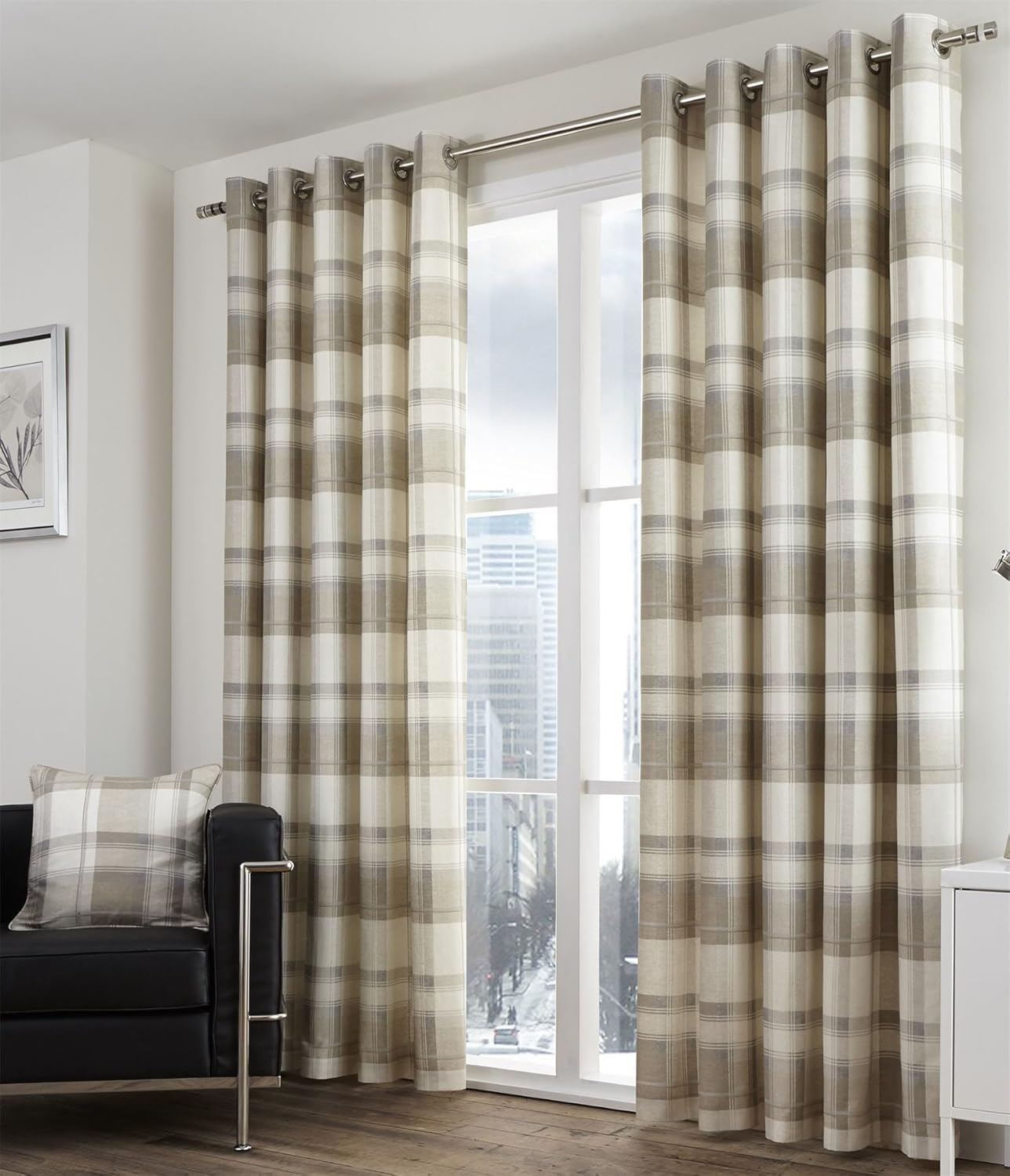 Bonnie Lined Eyelet Curtains 90 X 90 Tartan Check Natural Ivory