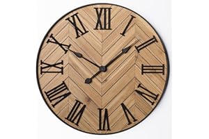 HB DESIGN CO. Large Wall Clock 24" Round - Silent Metal & Wood Large Clock - Farmhouse Wall Clock Large - 24 Inch Wall Clock For Living Room Decor - Big Wall Clock Roman Numerals - Wall Clocks For Living Room Decor