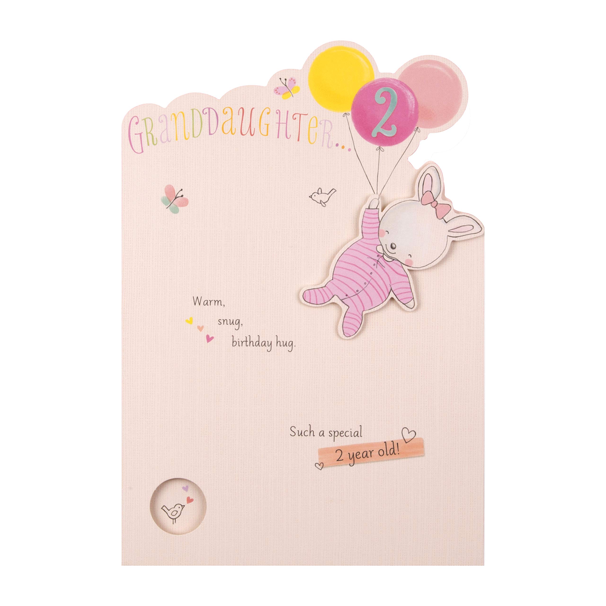 Hallmark 2nd Birthday Card for Granddaughter, Cute Rabbit & Balloons Design, Cream, Pink