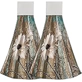Giwawa 2Pcs Rustic Daisy Flower Kitchen Hand Towels Vintage Wooden Board Hanging Tie Towels with Loop & Hook Soft Vintage White Flower Rustic Barnwood Dishcloths for Bathroom Washroom Guestroom Hotel