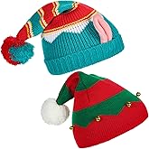 Jeyiour 2 Pcs Christmas Elf Knitted Hat Santa Xmas Beanie Knit Hat Elf Knitted Warm Funny Beanie for Kids Adult Festive Party