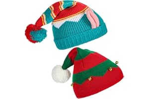 Jeyiour 2 Pcs Christmas Hats Elf Knitted Hat Santa Knit Elf Hat Xmas Baby Beanie Knit Hat Elf Knitted Warm Funny Beanie for Kids Adult Festive Party