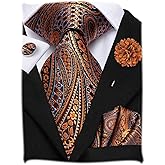 Hi-Tie Men Silk Ties Set with Flower Lapel Pin Necktie Pocket Square Cufflinks for Tuxedo Wedding Business