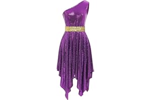 IBAKOM Women Sparkly Praise Dance Tunic Dress One Shoulder Gltter Sequins Worship Overlay Adult Church Liturgical Dancewear