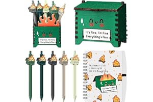 Sherr 8 Pcs Dumpster Fire Office gag gift Set Wooden Pencil Holders A6 Journals Funny Dumpster Ballpoint Pens with Fire Sticky Notes for Coworker funny office gifts for coworkers