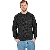 SAOL 100% Merino Wool Men's Irish Traditional Aran Crew Neck Cable Knit Sweater Pullover