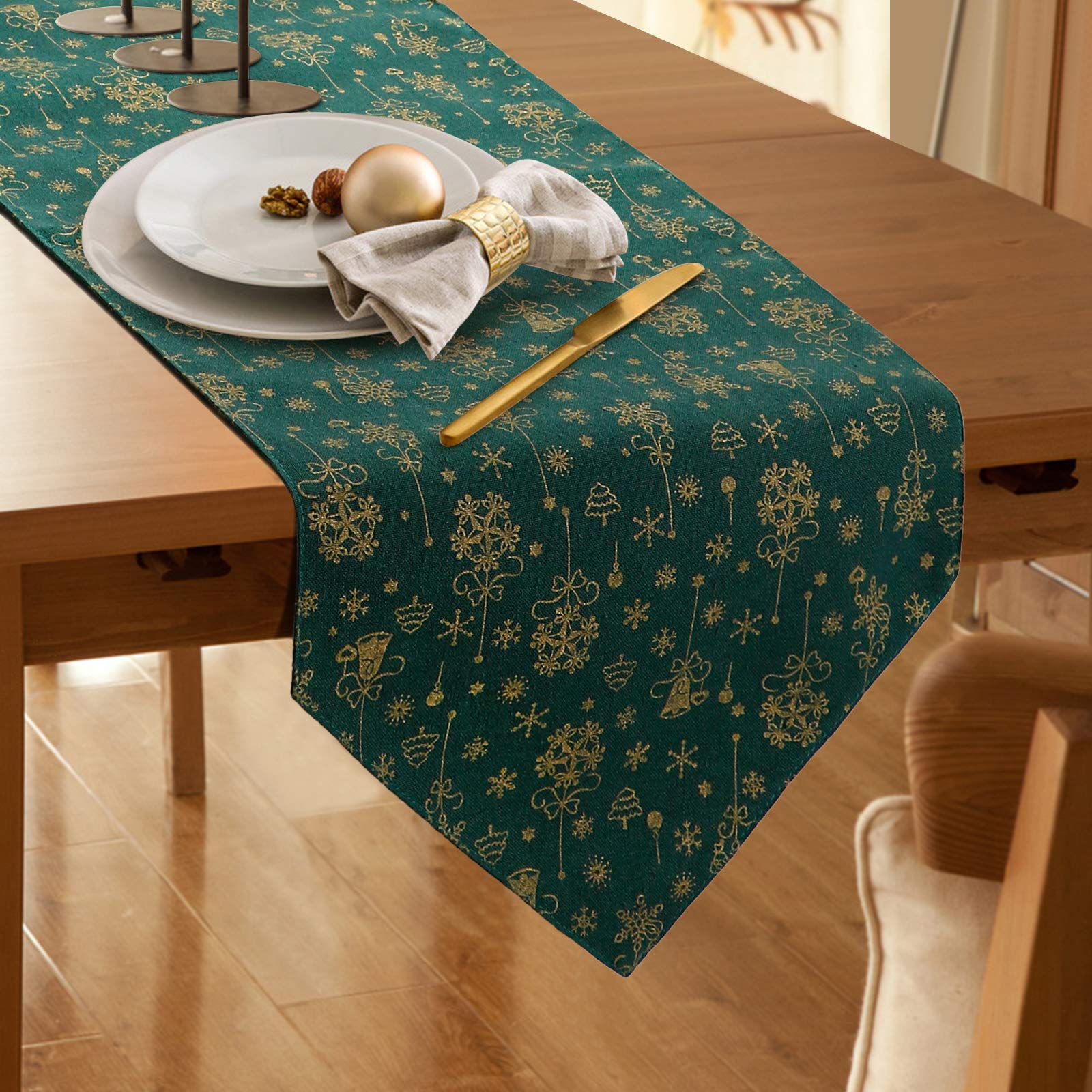 Dremisland Christmas Table Runner Burlap Cotton Tree Snowflake Christmas Decorations Hot Stamping Green Xmas Table Runner Coffee Dresser Scarves Table Linen for Home Tablecover Dining Table Decor