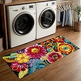 ANNA QUEEN Vibrant Embroidered Floral Laundry Room Rug Runner 20x47 Inch -Waterproof Non-Slip Floor Mat for Front Load Washer