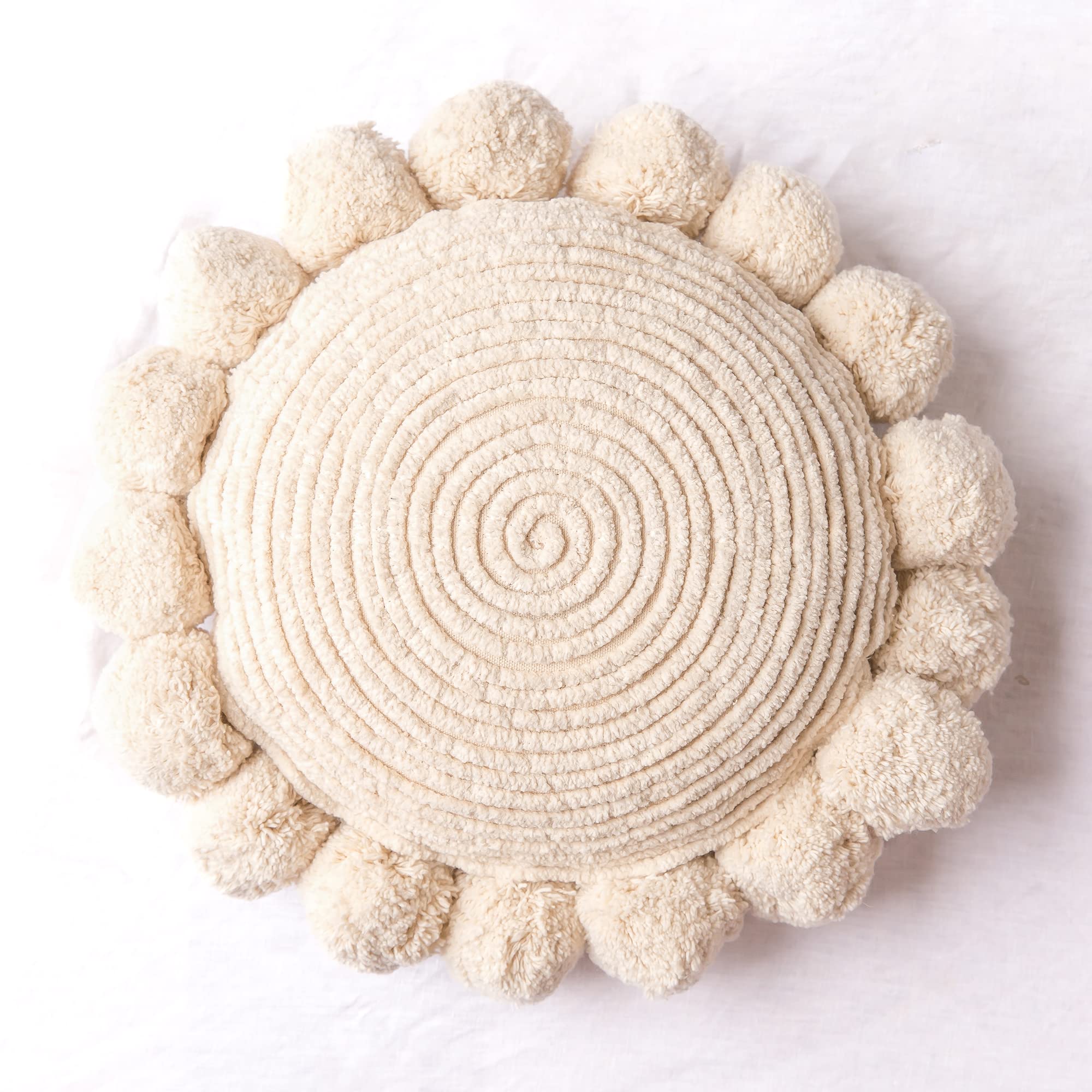Photo 1 of Banilla Bohemian Round Pillow Cover 12 Inch | 100% Cotton Decorative Pillow Hand Tufted with Chunky Textured Poms | Boho Throw Pillow for Bed or Couch | Natural White Throw Pillow Cover