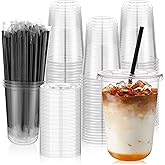 tchrules 100 Set 16oz Plastic Cups with Lids and Straws, Disposable Clear Iced Coffee Cup with Lid, Round Bottom Plastic To Go Cups for Cold Drinks Slushie Smoothie Lemonade Party Picnic Shop Supplies