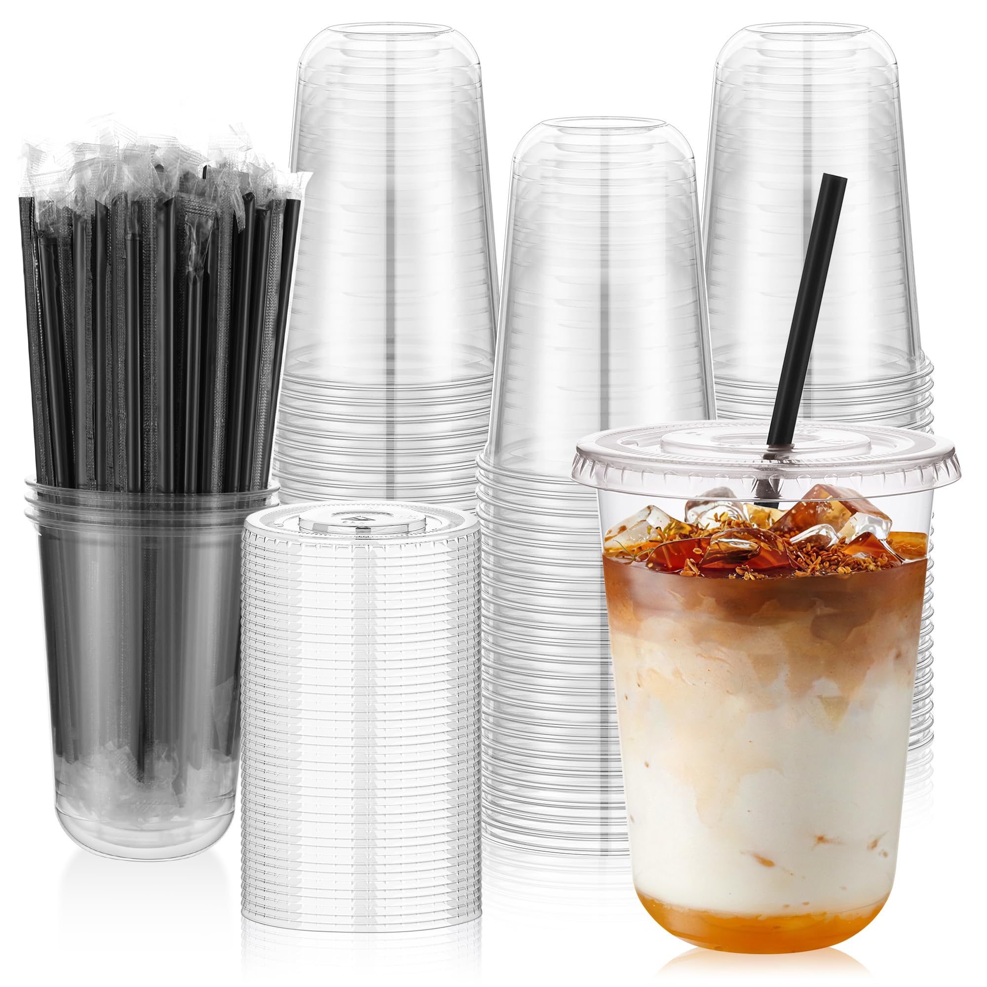 Photo 1 of 100 Set 16oz Plastic Cups with Lids and Straws, Disposable Clear Iced Coffee Cup with Lid, Round Bottom Plastic To Go Cups for Cold Drinks Slushie Smoothie Lemonade Party Picnic Coffee Shop Supplies