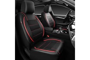 CAR PASS Universal FIT Piping Leather Two Front Seat Covers, Waterproof Faux Leather for SUV Sedan Van Truck, Airbag Compatible,Reserved Opening Holes for Headrest Covers. (Black red)