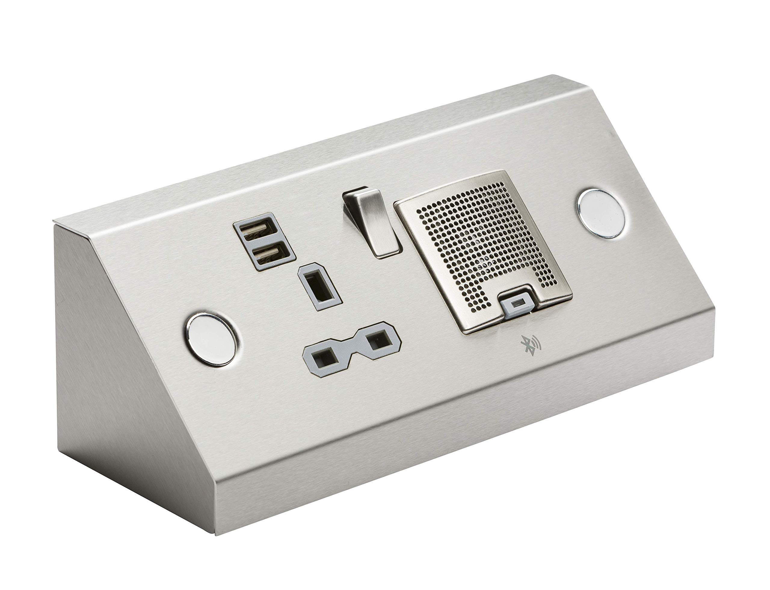Knightsbridge Power Station - 13A Socket with Twin USB (2.4A) and 3W Bluetooth Speaker,Twin 13a + USB + bt spkr,Stainless Steel,SKR0014