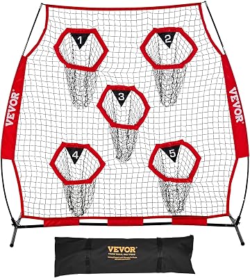 Filet d'entraînement pour football 208 x 189 cm, filet de lancer de rugby avec 5 poches pour cibles, sans nœuds, sangles et étui de transport inclus, pour améliorer la précision de lancer, rouge
