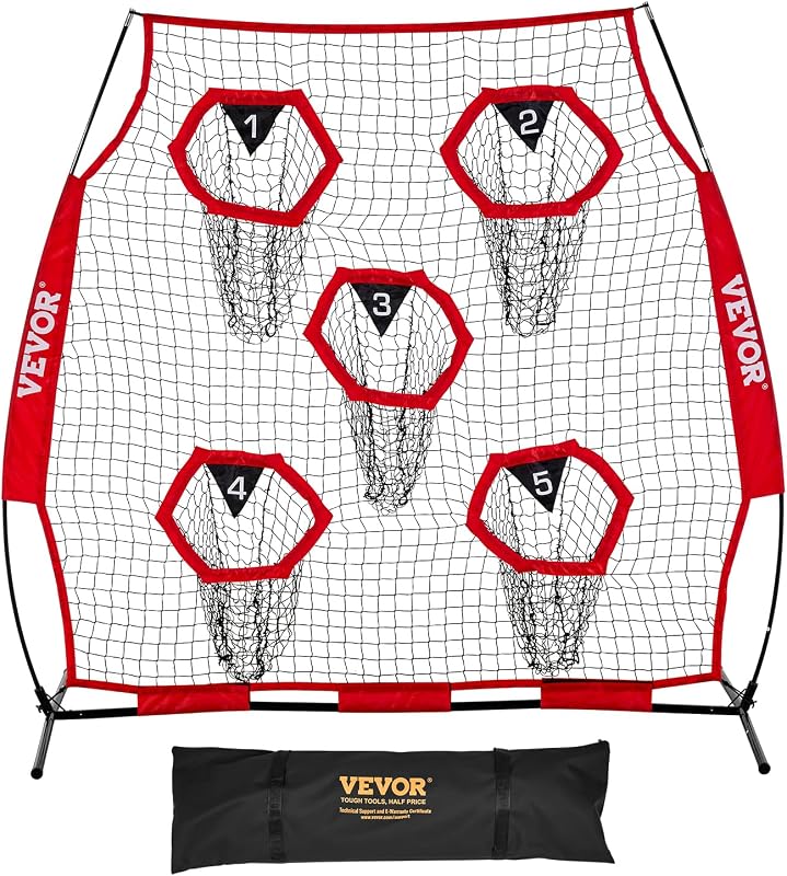 Fußballtrainer Wurfnetz Übungsnetz (208 x 91 x 189 cm) mit 5 Zieltaschen & tragbarer Aufbewahrungstasche & Gurten & knotenlosem Netz, Training für die Passgenauigkeit des Quarterbacks, rot