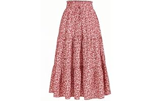 MSLG Women's High Elastic Waist Midi Skirt Casual Summer Trendy Tie Front Flowy Ruffle Floral Print A line Skirts 626