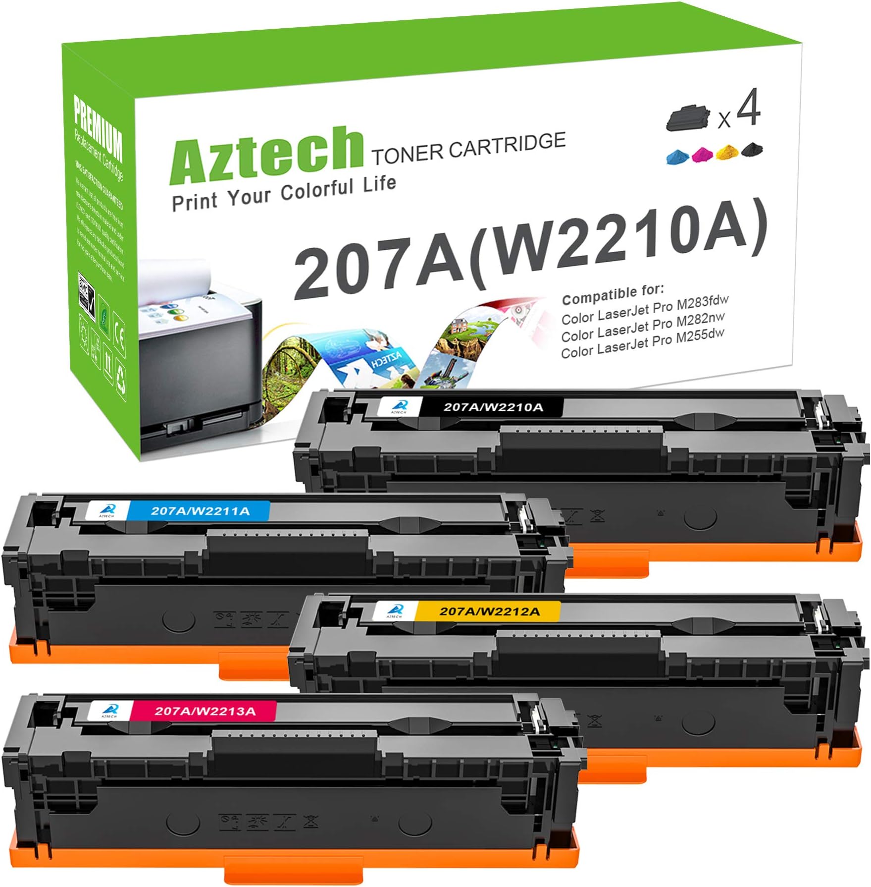 Aztech Compatible Toner Cartridge Replacement for HP 207A 207X W2210A W2210X W2211A W2212A W2213A HP Color Laserjet Pro MFP M283fdw M282nw M283fdn Pro M255dw M255nw (Black,Cyan,Yellow,Magenta, 4-Pack)
