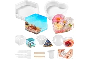 PONDON Resin Molds Silicone Kit, 8 in 1 Large Silicone Molds for Epoxy Resin, Flowers Preservation, Ideal Resin Starter Kit Including Hexagon, Heart, Sphere, Pyramid, Cube and Set Tools