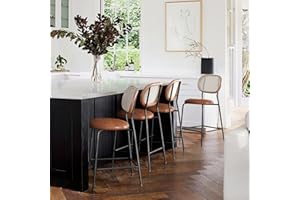 LUE BONA Indoor/Outdoor Faux Leather Bar Stools Set of 4,Rattan and Wood Backrest with Metal Legs，Modern Upholstered Round seat Chair Counter Height Barstools for Bistro Home Office Restaurants,24",Red Brown