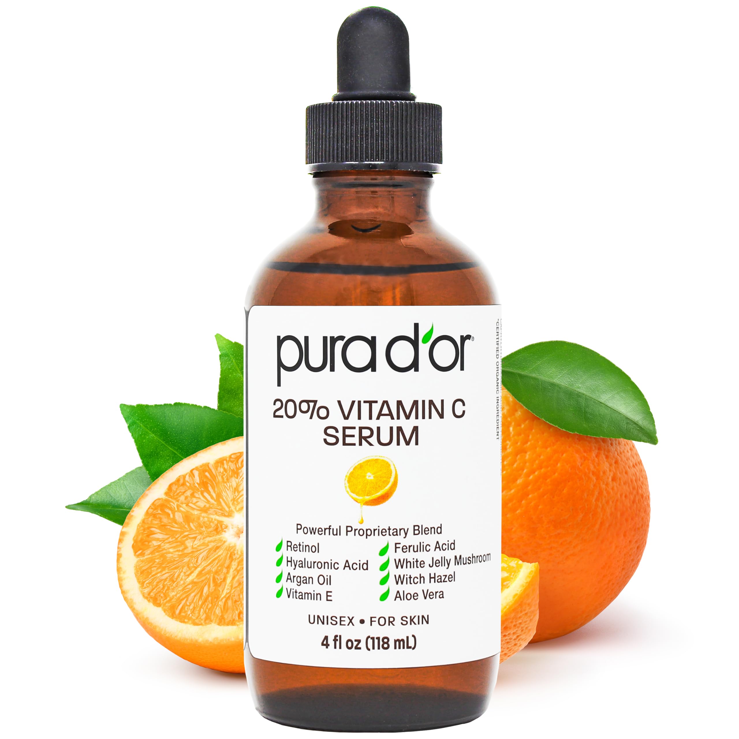PURA D'OR 20% Vitamin C Serum (118 mL) With Hyaluronic Acid, Ferulic Acid, Vitamin E, Super Anti-Oxidants, Argan Oil & Aloe Vera - Professional Strength