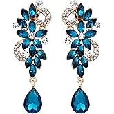 BriLove Wedding Bridal Clip-On Earrings for Women Bohemian Boho Crystal Flower Chandelier Teardrop Bling Long Dangle Jewelry for Party Prom Turquoise Color Gold-Toned