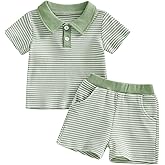 VISGOGO Baby Boy Summer Outfit Striped Short Sleeve T-shirt Toddler Boy Summer Clothes 6 12 18 Months 2 3 4 T Short Set