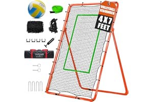 LOMGWAYS Volleyball Rebounder Net with Volleyball, Bungee Cords,Carry Bag and Neon Target, 5 Adjustable Angles Bounce Back Net for Volley Ball,Baseball,Improve Skills (4x7ft)