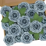 N&T NIETING Artificial Roses 25Pcs Real Touch Foam Stems Dusty Blue